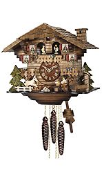 Mechanical cuckoo clock with shingle roof, music & dancing couples